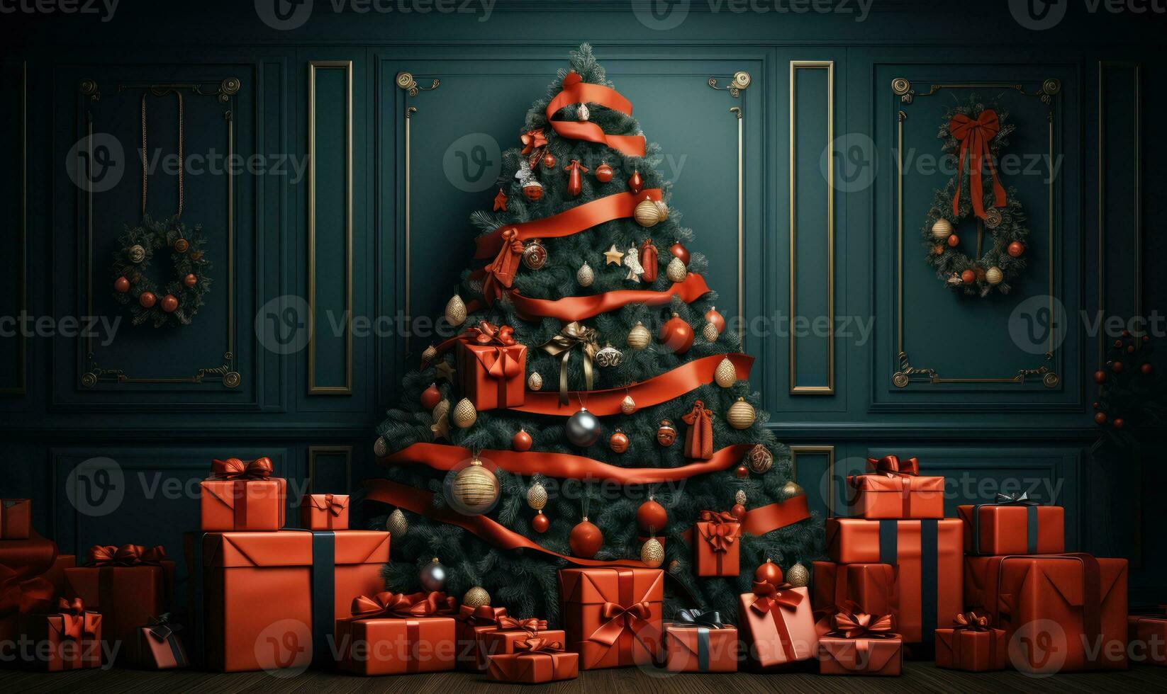 christmas tree is with presents,  large christmas tree, lights of christmas tree in the room christmas decoration, ai generative photo