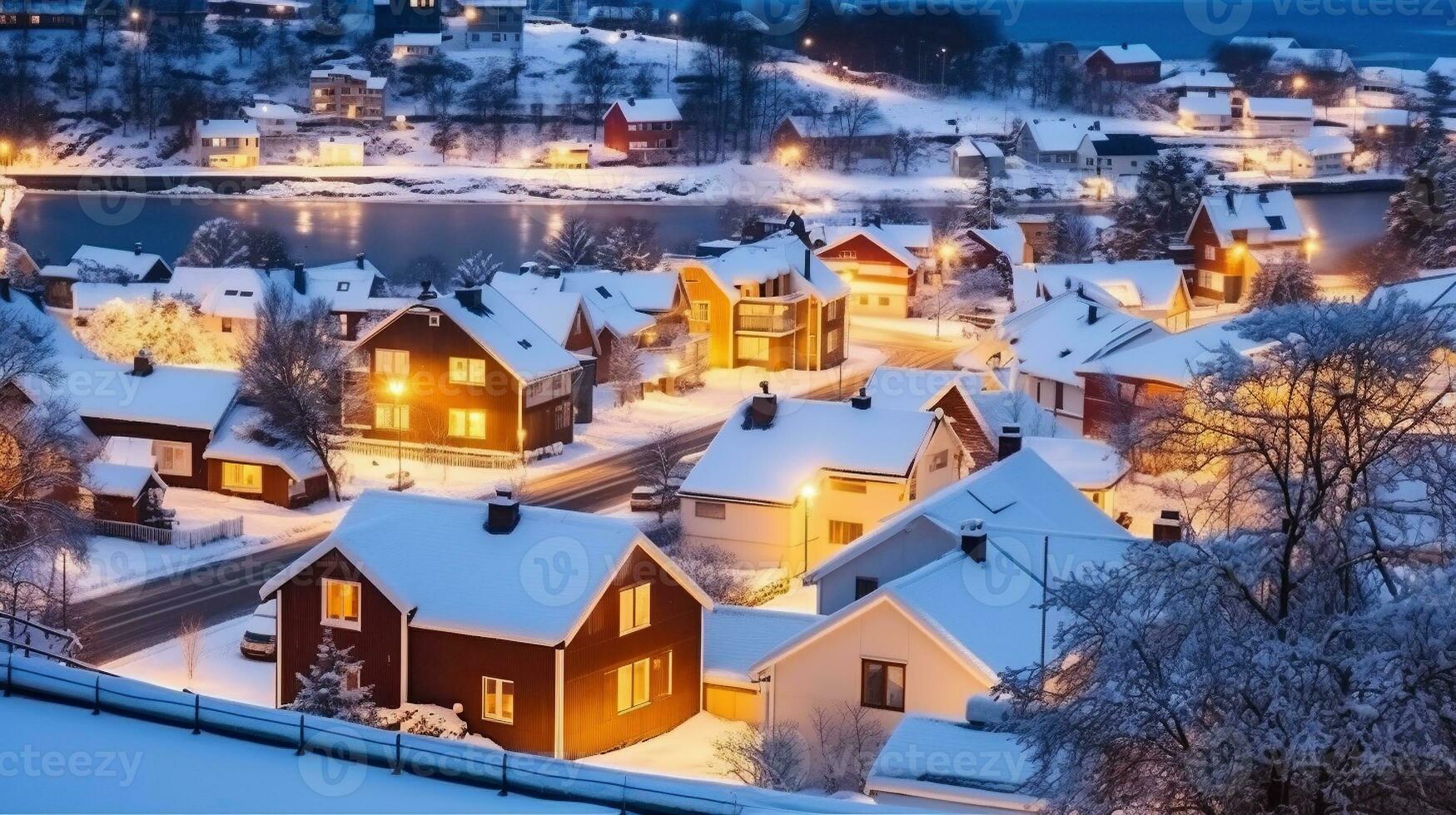 Exterior residential houses located on snowy streets of modern city with glowing lights in winter time. Generative AI photo