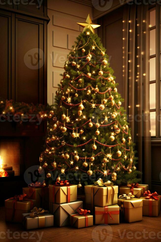 christmas tree is with presents,  large christmas tree, lights of christmas tree in the room christmas decoration, ai generative photo