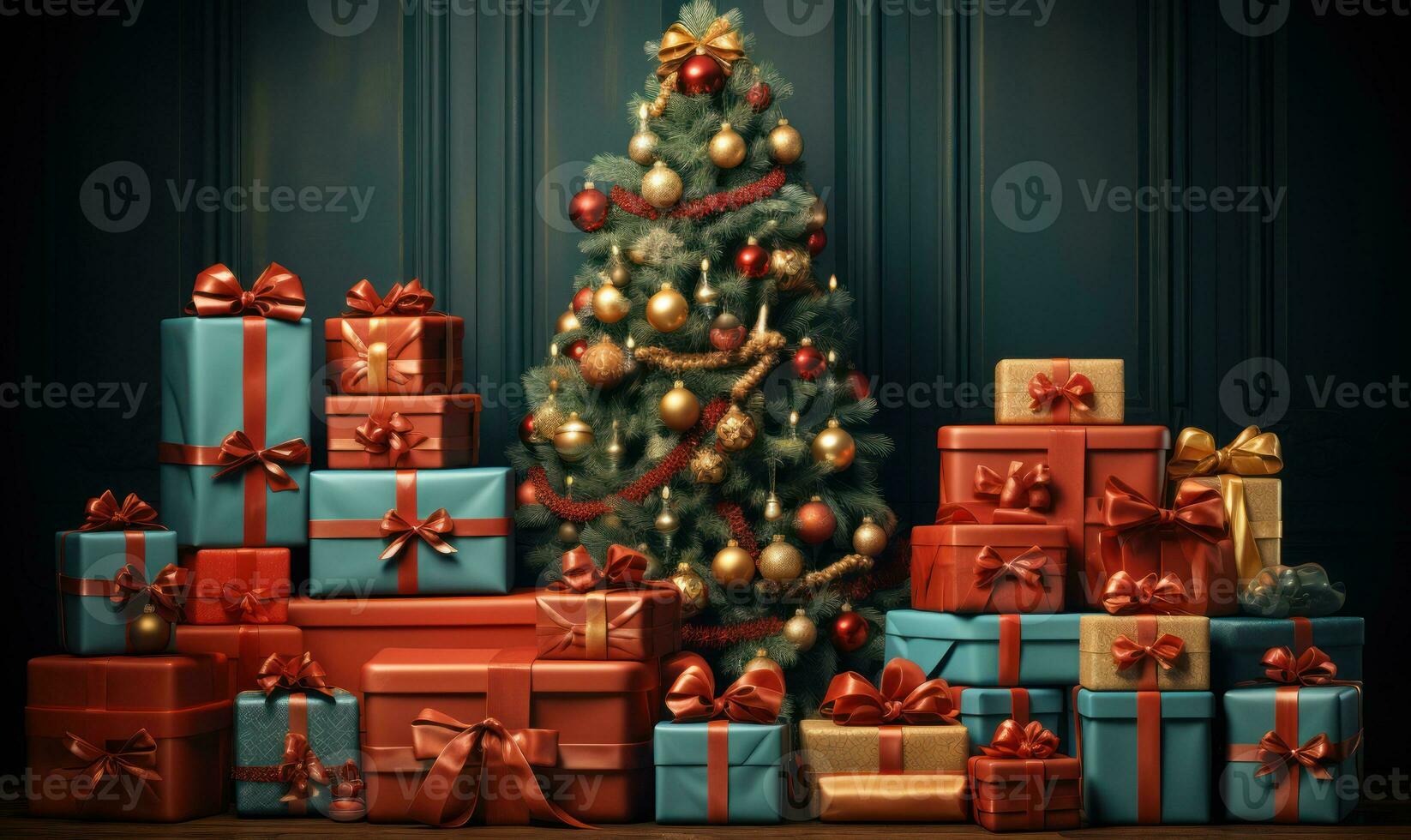 christmas tree is with presents,  large christmas tree, lights of christmas tree in the room christmas decoration, ai generative photo