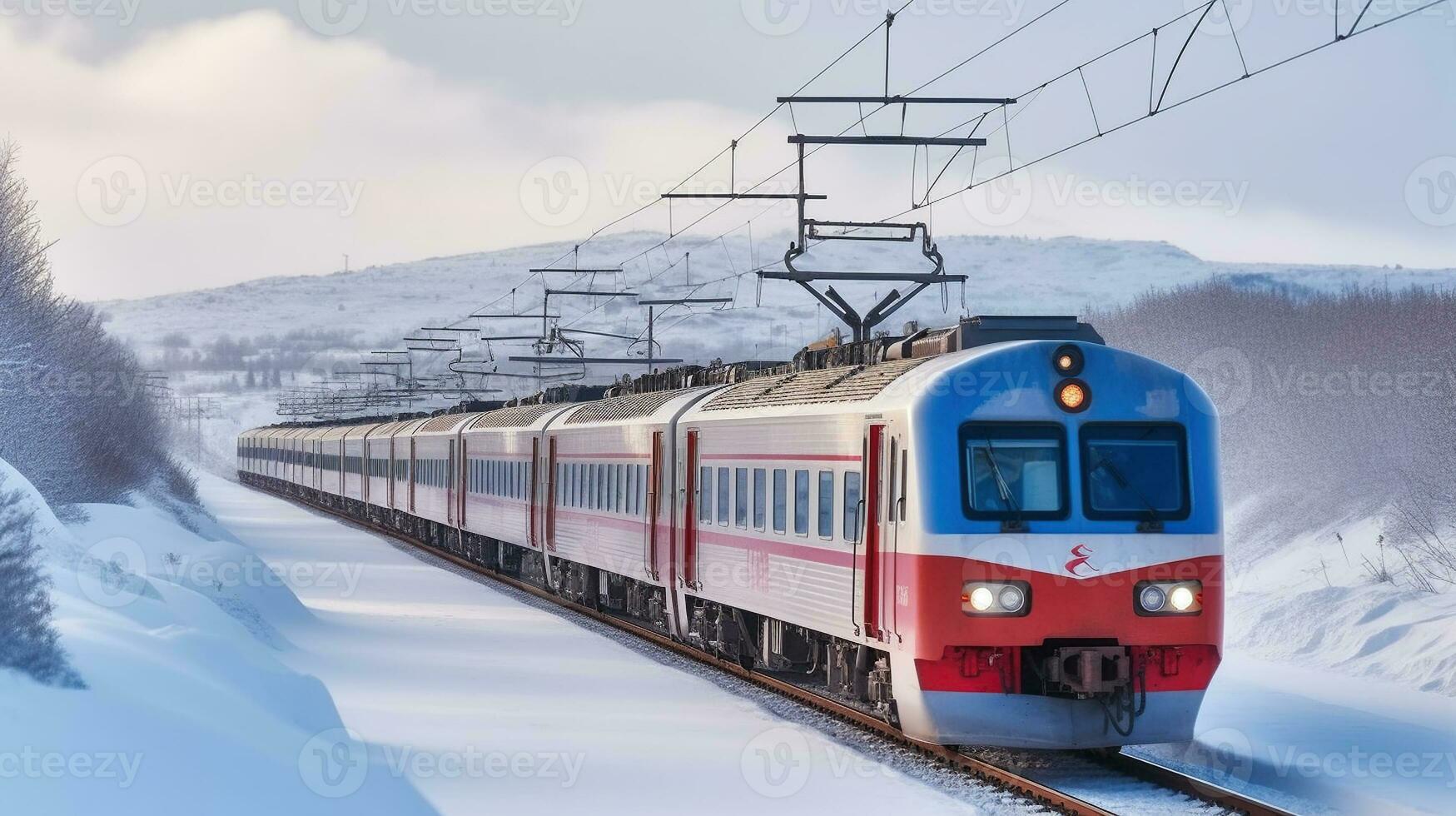 rojo diesel tren se desliza mediante un Nevado ferrocarril plataforma en estimulante movimiento. generativo ai foto