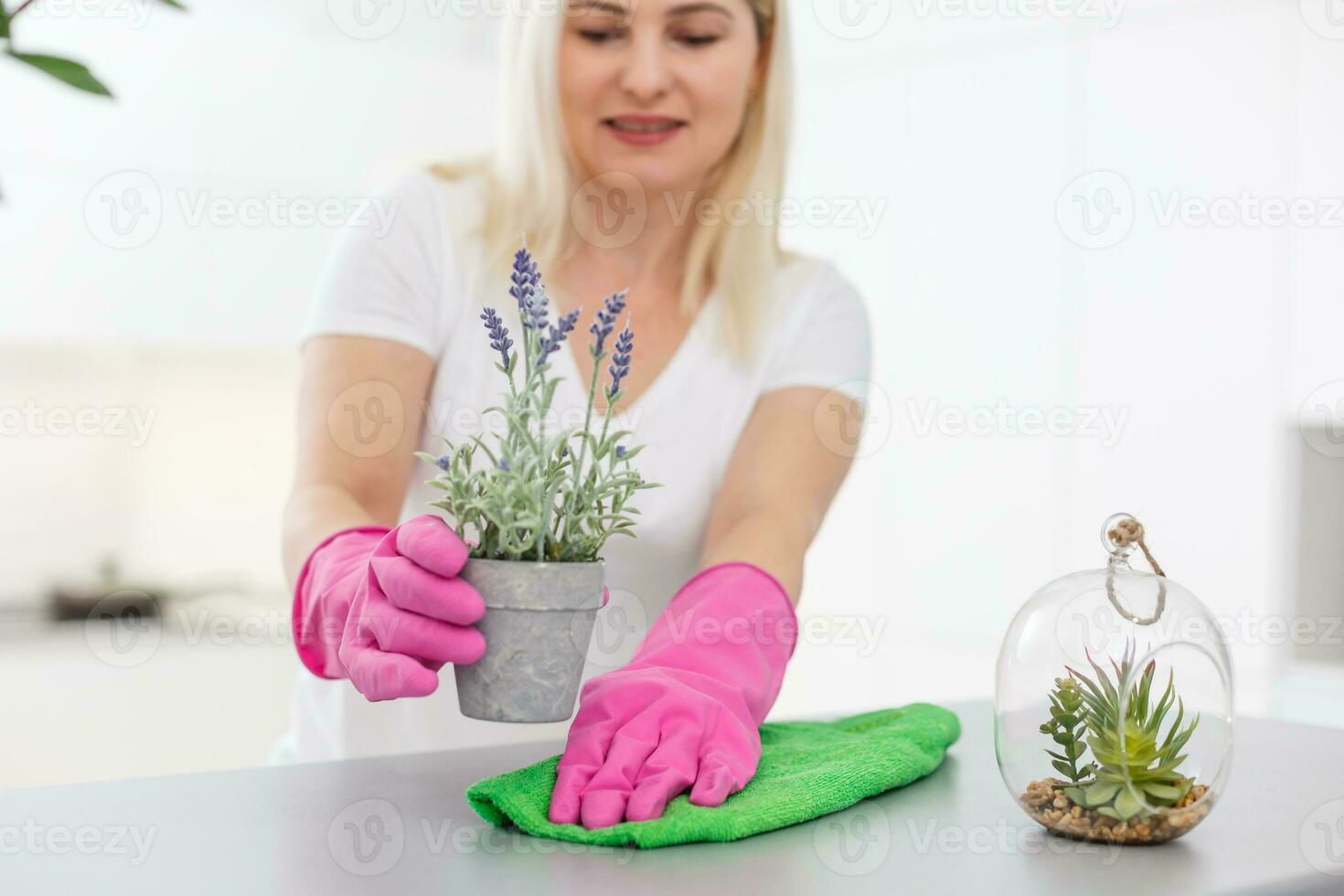 Cleanness is in trend. Pretty smiling woman wiping table with cloth and special means of washing photo