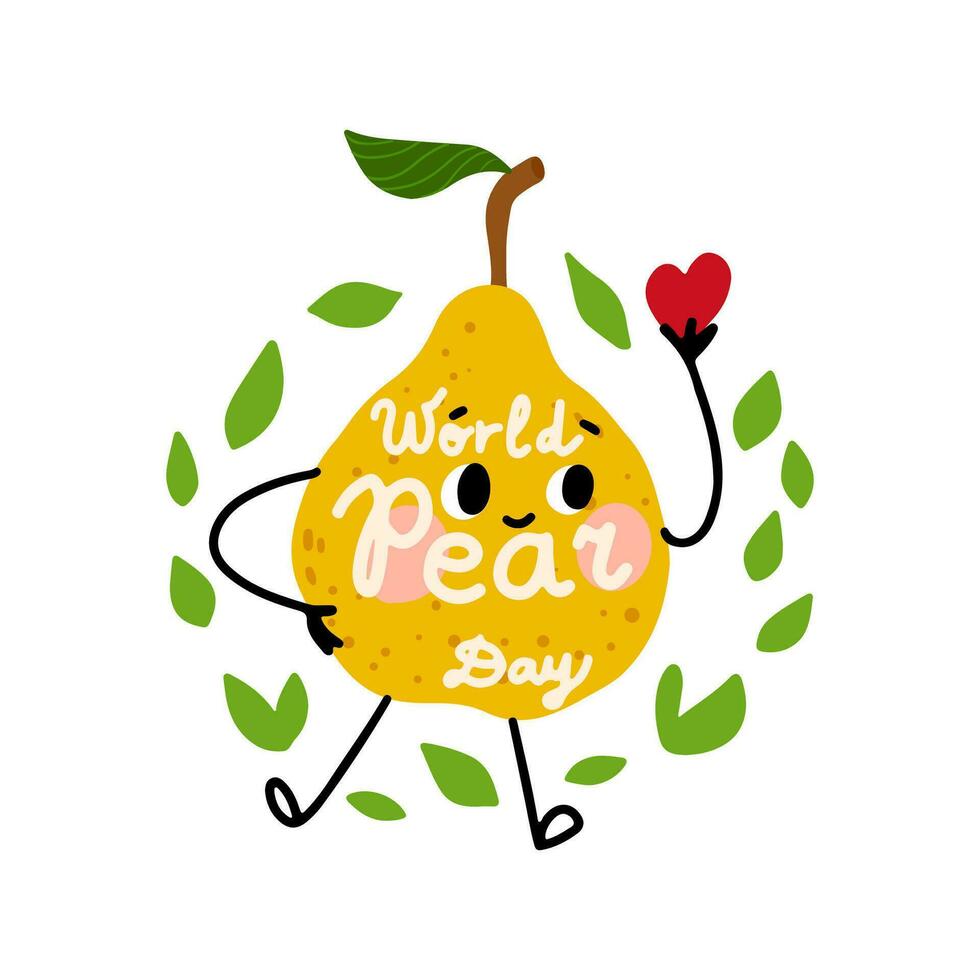 Cute smiling pear character holding a heart. World Pear Day concept. Kawaii fruit. Hand drawn vector illustration. Cartoon pear character.