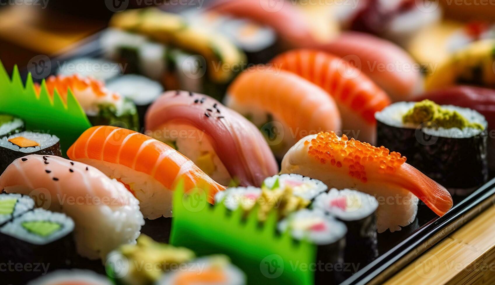 Appetizing delicious colorful sushi served table in restaurant. Generative AI photo