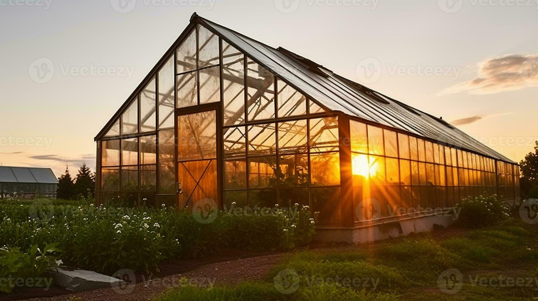 Captivating Sunset Overlooking the Greenhouse. Generative AI 34900915