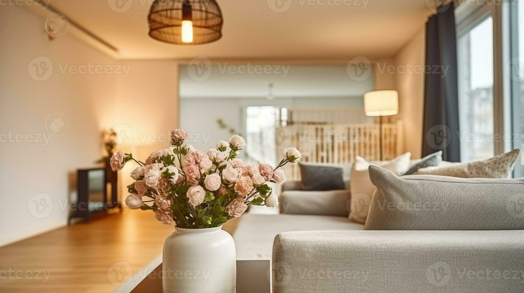 Contemporary living room interior with cushions on couch against blooming flowers in vase on table under lamp in house. Generative AI photo