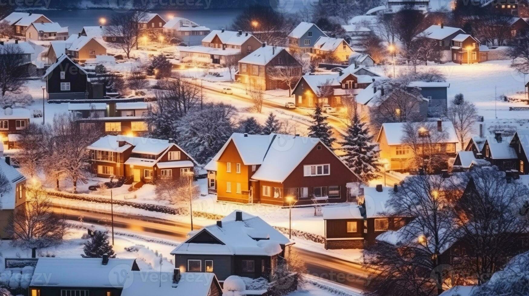 High angle view of exterior residential houses located on snowy streets of modern city with glowing lights in winter time. Generative AI photo