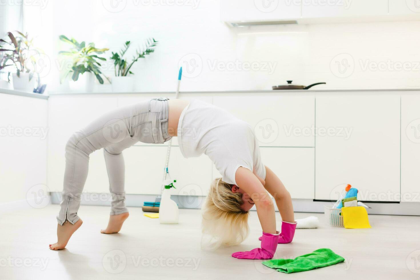 Young housewife is relaxing after cleaning,Relaxation after cleaning photo