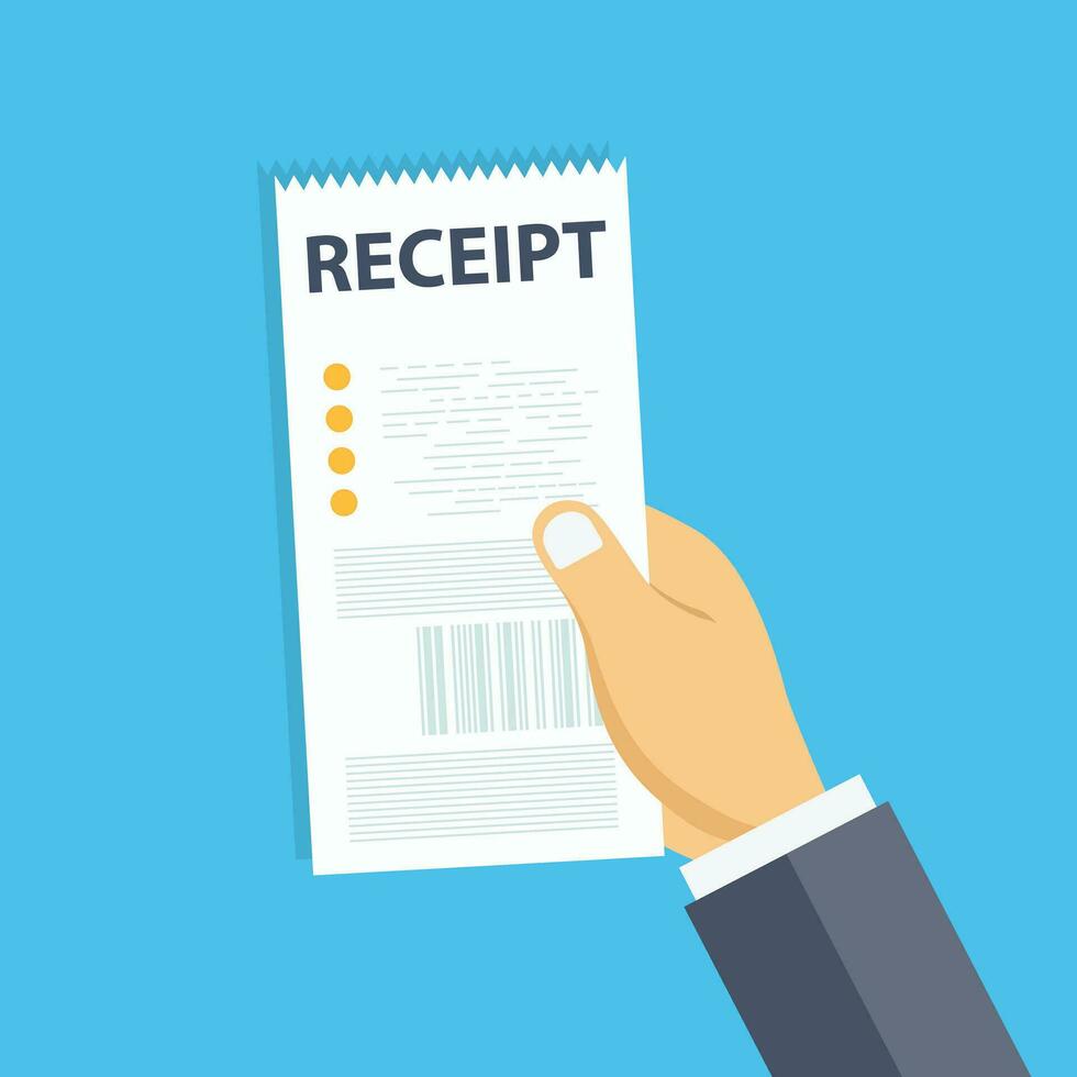 Hand holding blank receipt. Bill template or restaurant paper financial check. Flat vector illustration.