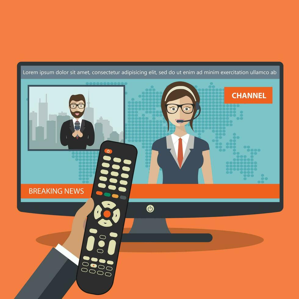 Breaking news concept. News on television with remote control. News anchor broadcasting the news with a reporter live on screen. Flat vector illustration