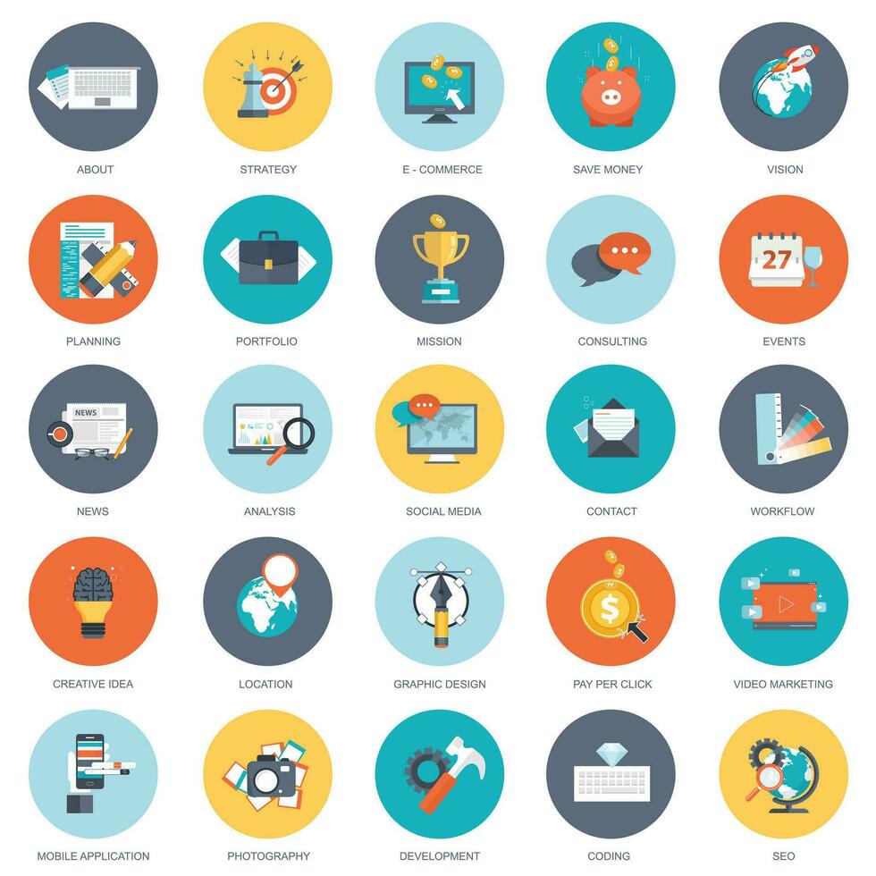 Set of flat design icons for business, pay per click, creative process, searching, web analysis, time is money, on line shopping. Icons for website development and mobile phone services and apps. vector