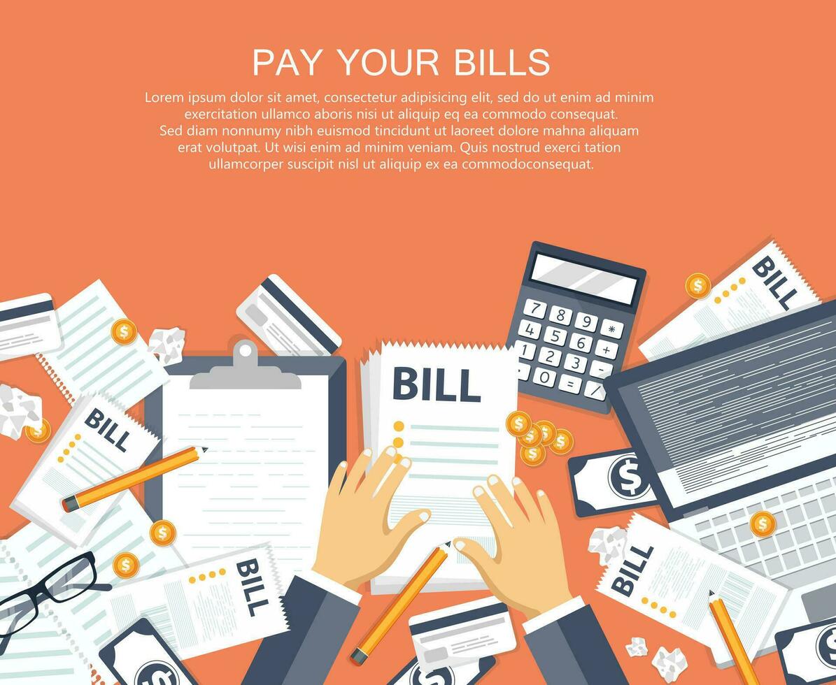 Bill payment design in flat style. Paying bills concept. Office desk with bills and office equipment. Flat vector illustration