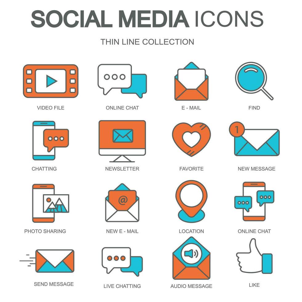 Social media icons for websites and mobile applications. Thin line collection. Flat vector illustration