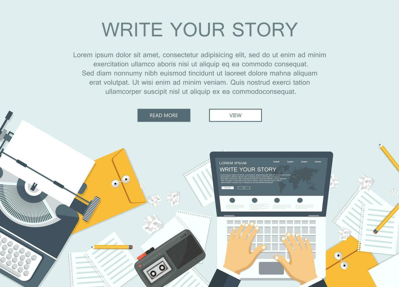 Write your story business banner for journalism. Flat vector illustration