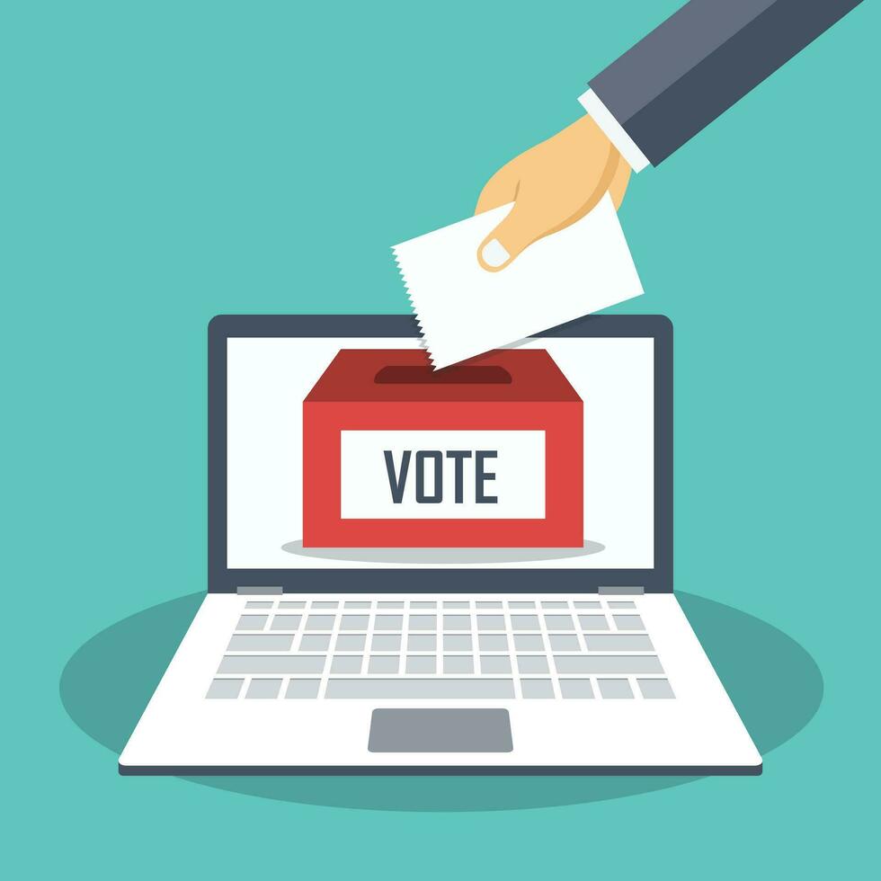 Hand putting voting paper in the ballot box on a laptop screen. Voting online concept. Flat vector illustration.