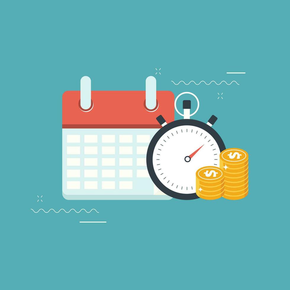 Concept for planning business and business event. Calendar with stop watch and golden coins. Flat vector illustration