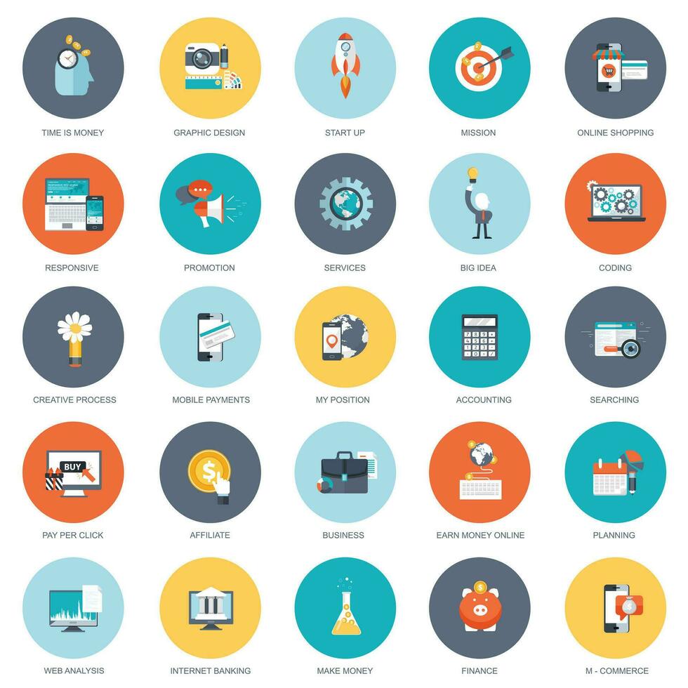 Set of flat design icons for business, pay per click, creative process, searching, web analysis, time is money, on line shopping. Icons for website development and mobile phone services and apps. vector