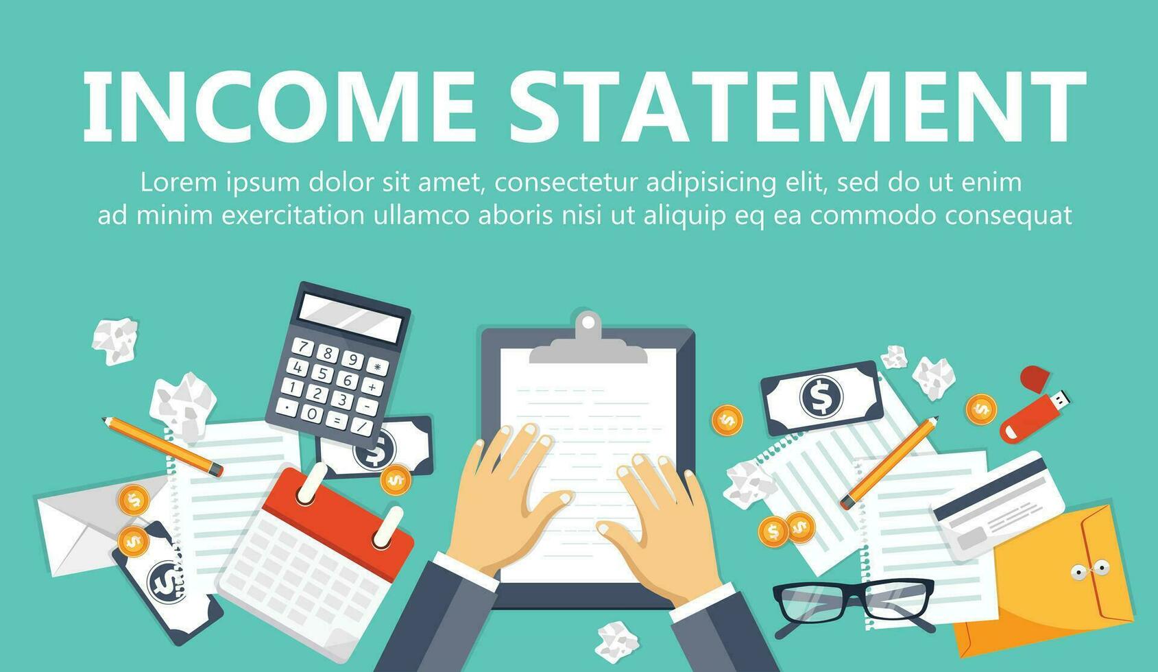 Invoice. Financial calculations. Working process. Businessman hands, calculator, financial reports, money, coins, pen. Top view. Vector illustration in flat design on green background