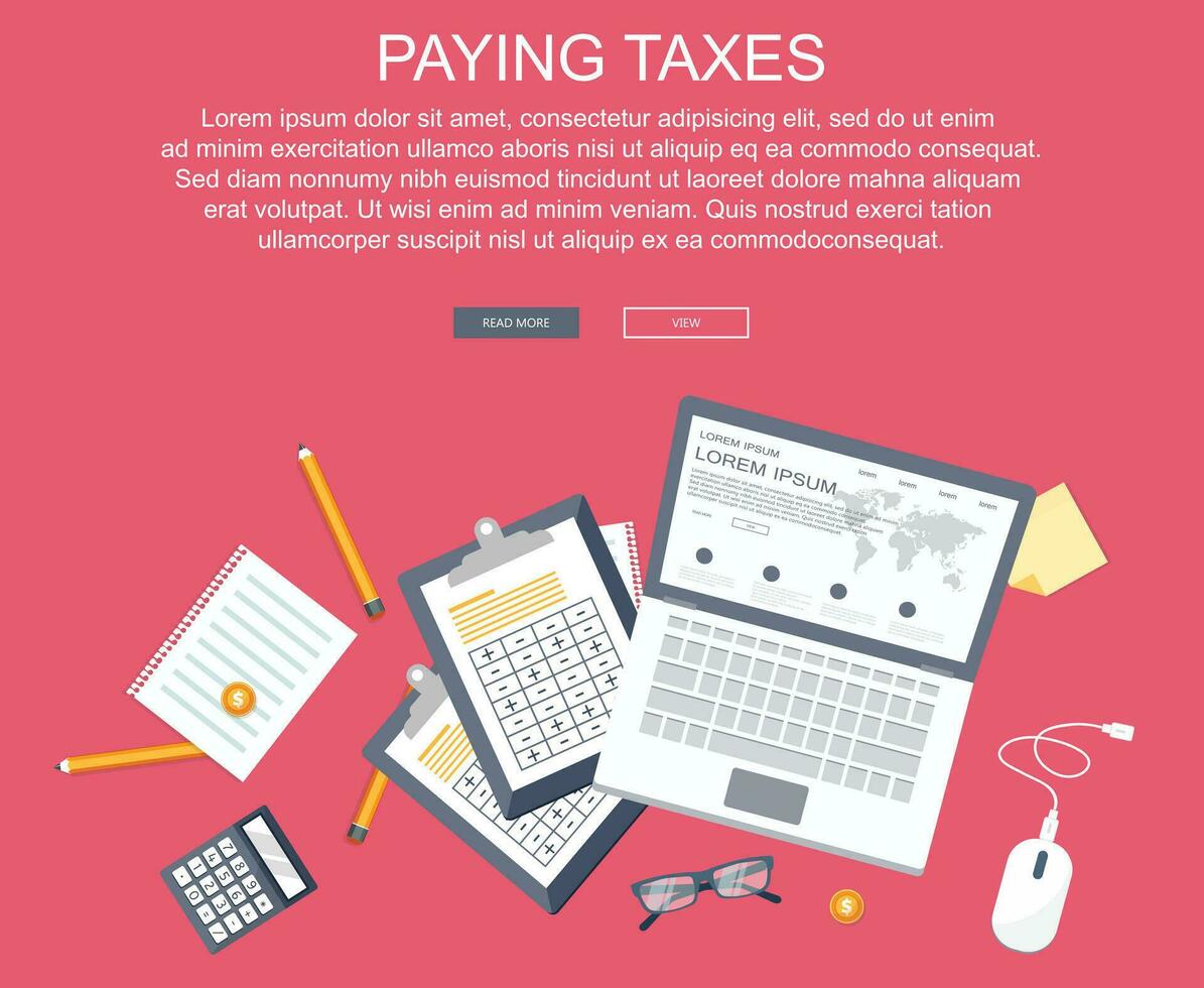 Tax payment. Government, state taxes. Data analysis, paperwork, financial research, report. Businessman calculation tax return. Flat design. Tax form vector. Payment of debt. vector