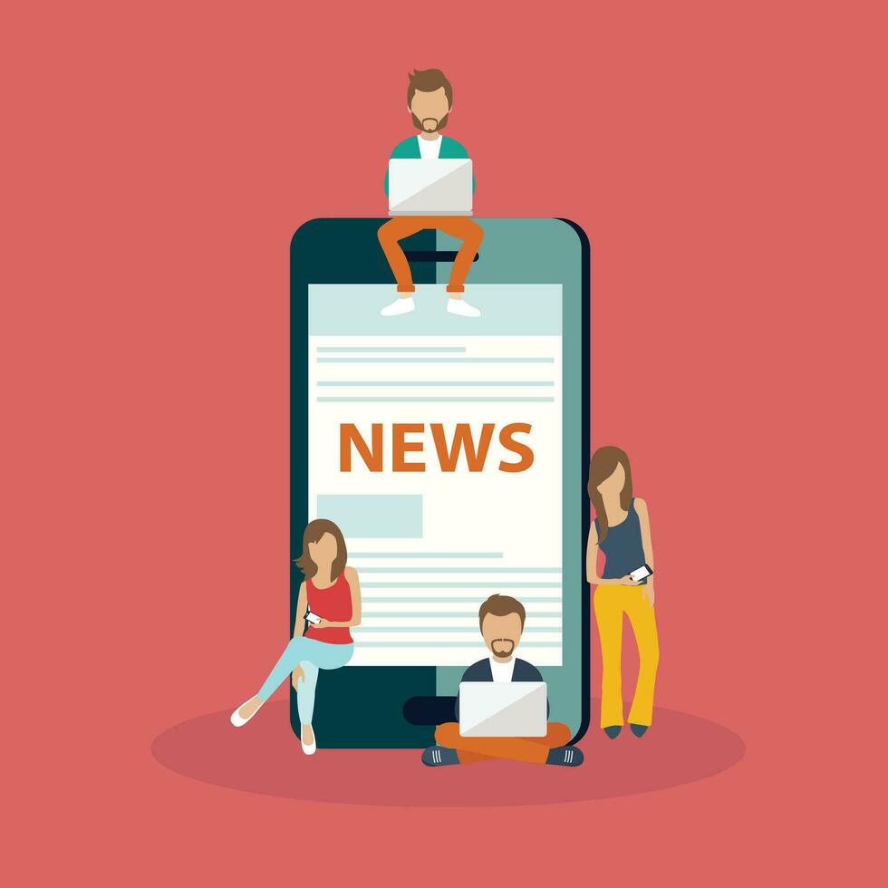 On line news concept. Read newspaper on your smart phone. Young men and women are standing near big smart phone and using their own smart phones for reading news. Flat vector illustration