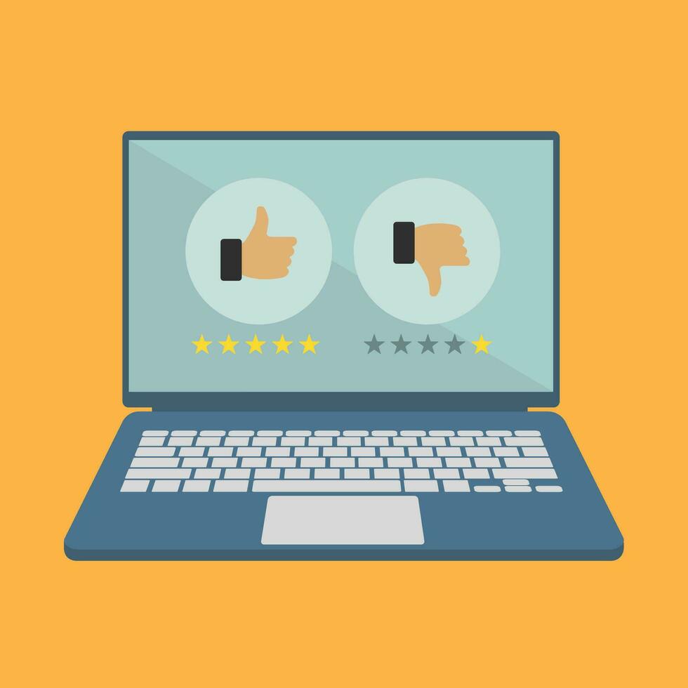 Rating on customer service illustration. Website rating feedback and review concept. Lap top with like and dislike signs. Flat vector illustration