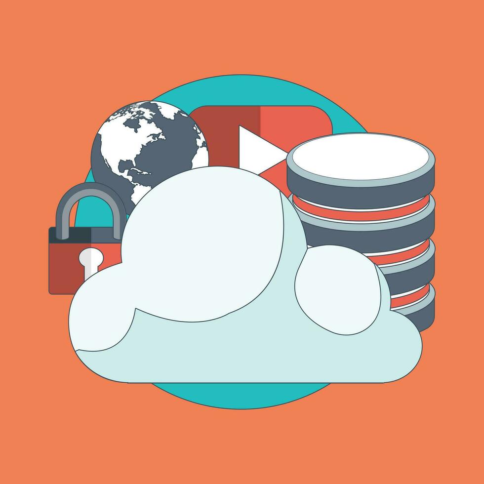 Cloud computing concept. Data storage network technology. Multimedia content, web sites hosting. Memory, information transfer. Flat vector illustration.