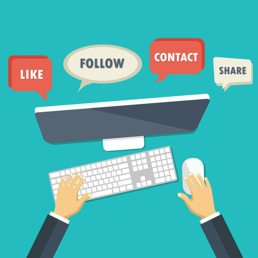 Social network and chatting banner. Global communication, e mailing, web calls. Hands holding tablet with huge speech bubble. Flat vector illustration