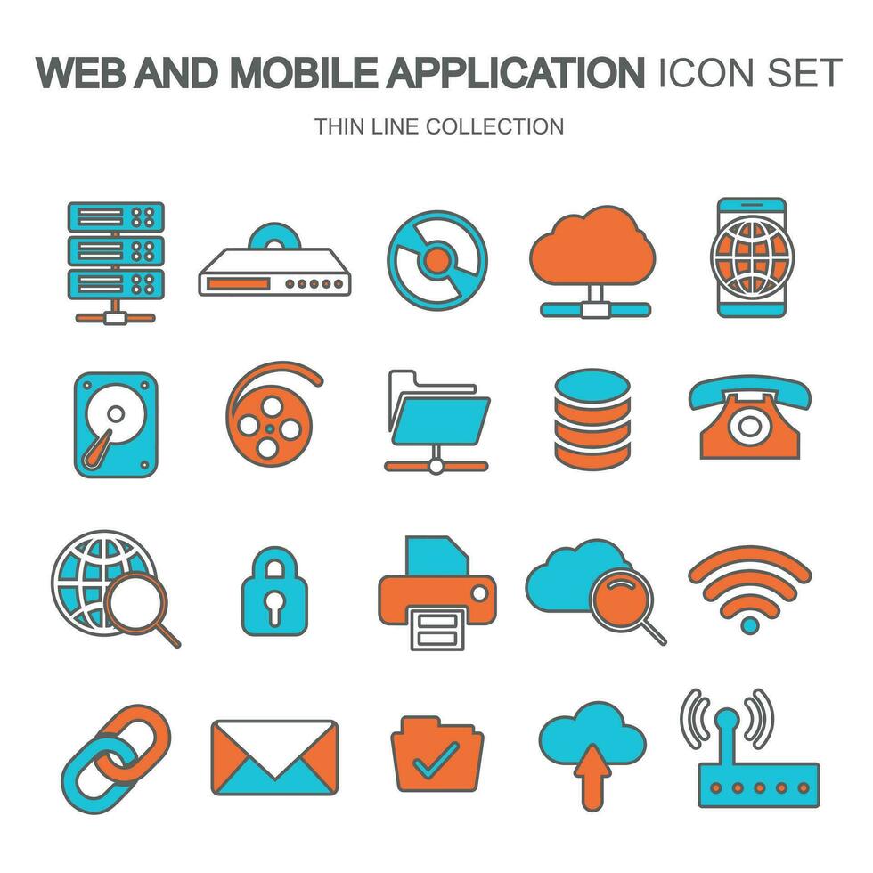 Web and mobile application icon set for computing, data storage, search engine optimization, technology. Flat vector illustration