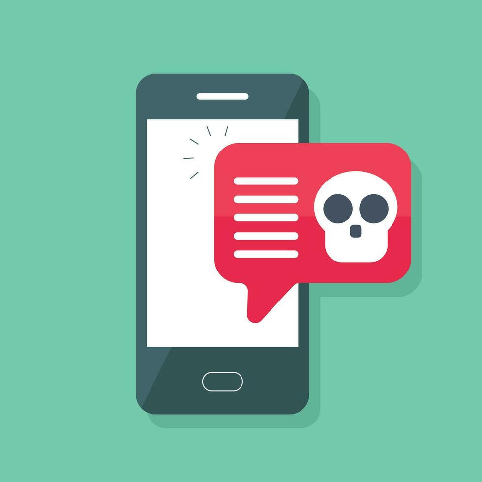 Malware notification on smartphone. Mobile phone with skull bones bubble speech red alert, concept of spam data, fraud internet error message, insecure connection, virus, online scam. Flat vector