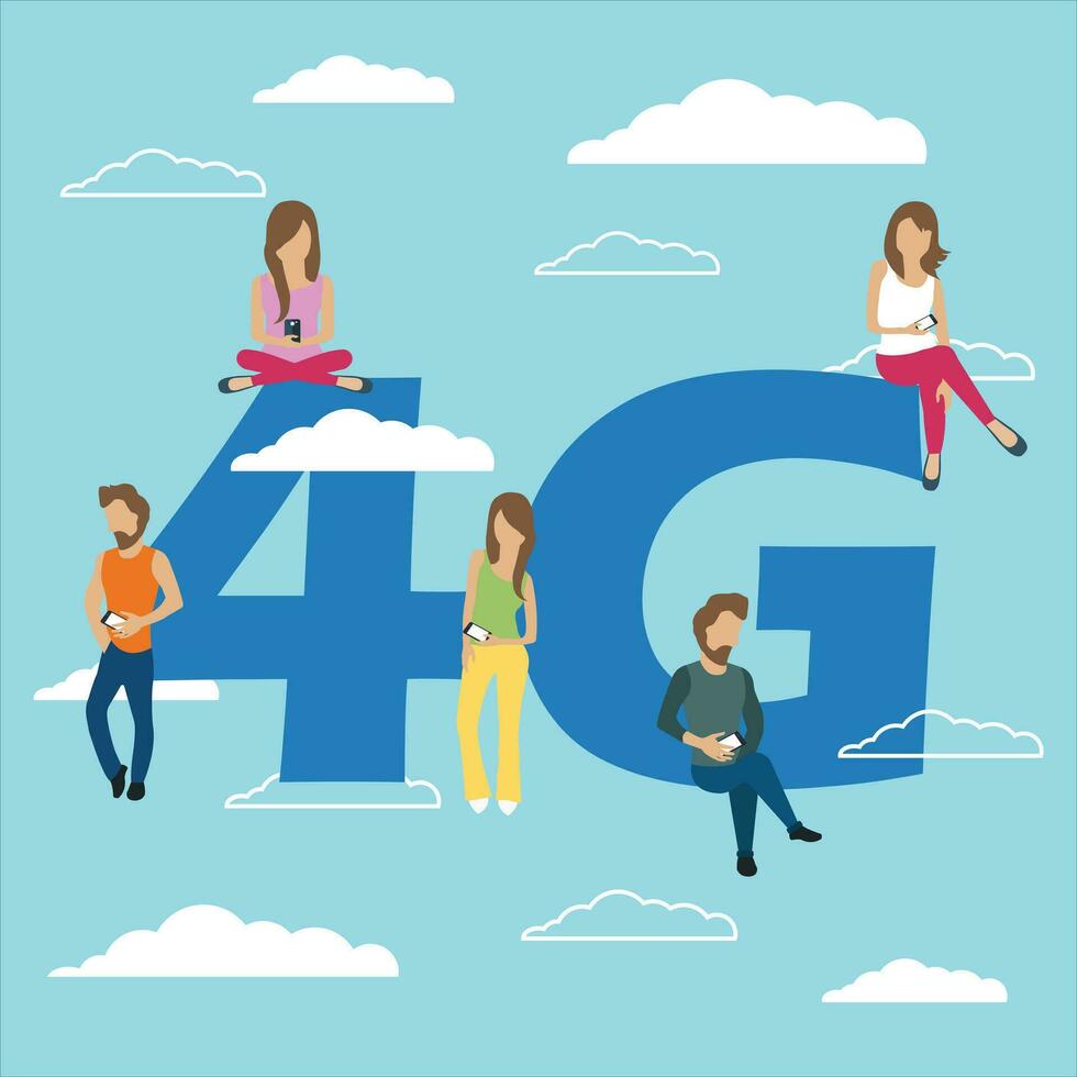 personas con artilugio sentado en el grande 4g símbolo. fanático a redes, personas de joven hombres y mujer utilizando alto velocidad inalámbrico conexión 4g vía móvil teléfono inteligente plano vector ilustración