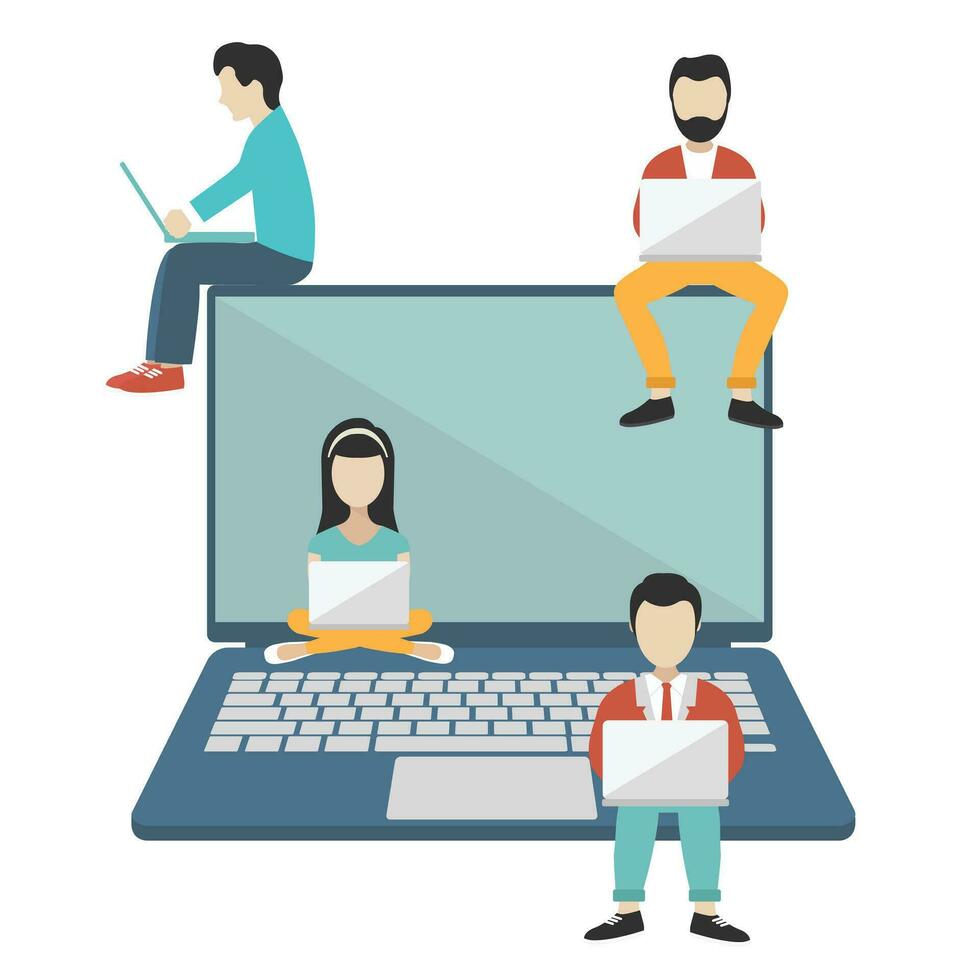 People sitting on big notebook. Social network web site. Surfing concept illustration of young people using lap top to be a part of on line community. Flat vector illustration