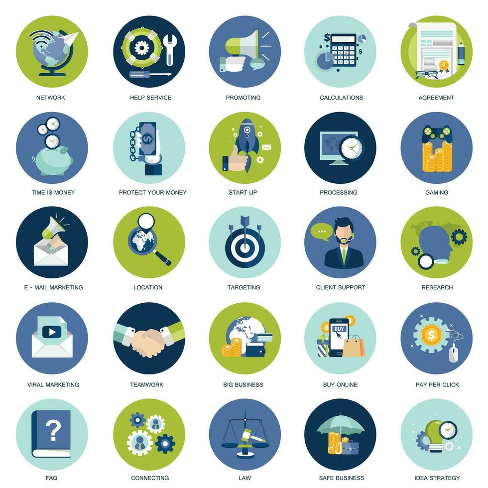Set of flat design icons for business, pay per click, creative process, searching, web analysis, time is money, on line shopping. Icons for website development and mobile phone services and apps. vector