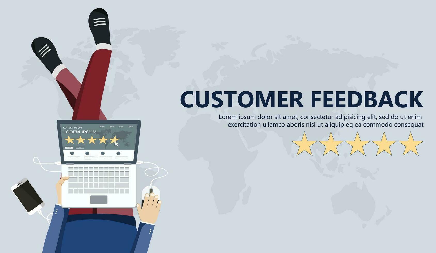 Rating on customer service illustration. Man sitting on the floor and holding tablet in his lap. Website rating feedback and review concept. Flat vector illustration