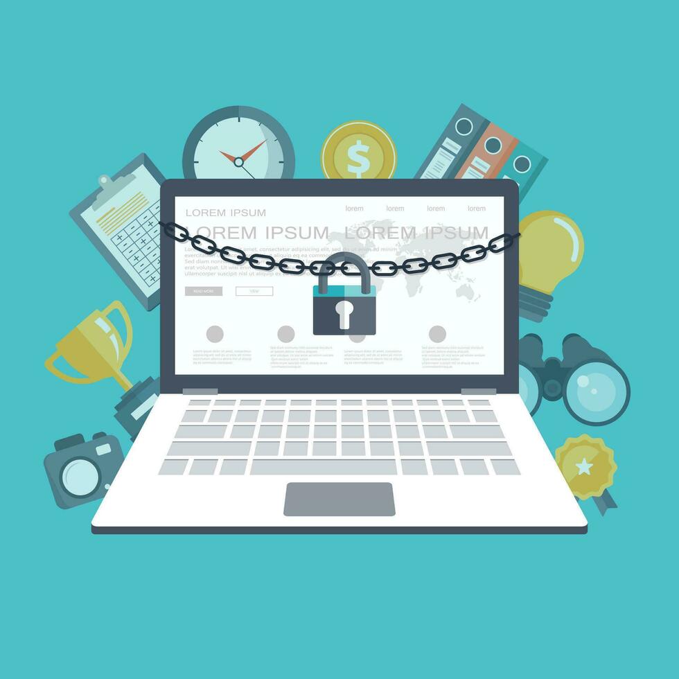 Security concept with lock and chain around laptop. Search engine concept with a magnifying glass and a laptop. Flat vector illustration