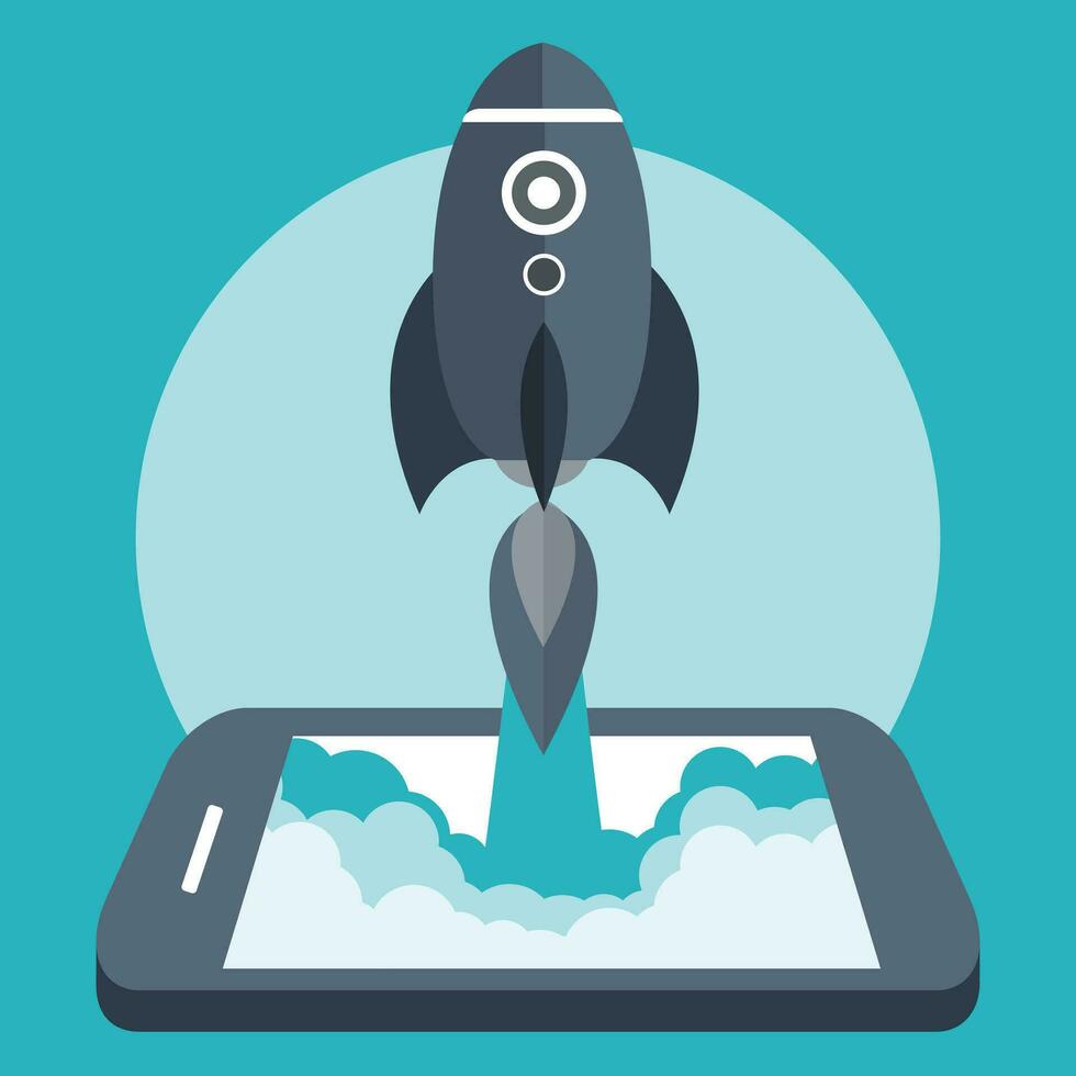 Start up business concept for mobile app development or other disruptive digital business ideas. Cartoon rocket launching from smart phone tablet. Flat vector illustration