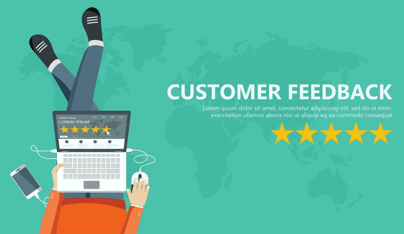 Rating on customer service illustration. Man sitting on the floor and holding tablet in his lap. Website rating feedback and review concept. Flat vector illustration