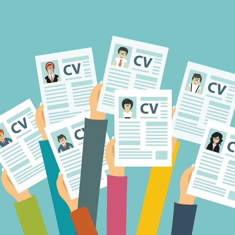 Hands holding CV papers. Human resources management concept, searching professional staff, analyzing resume papers, work. Flat vector illustration.