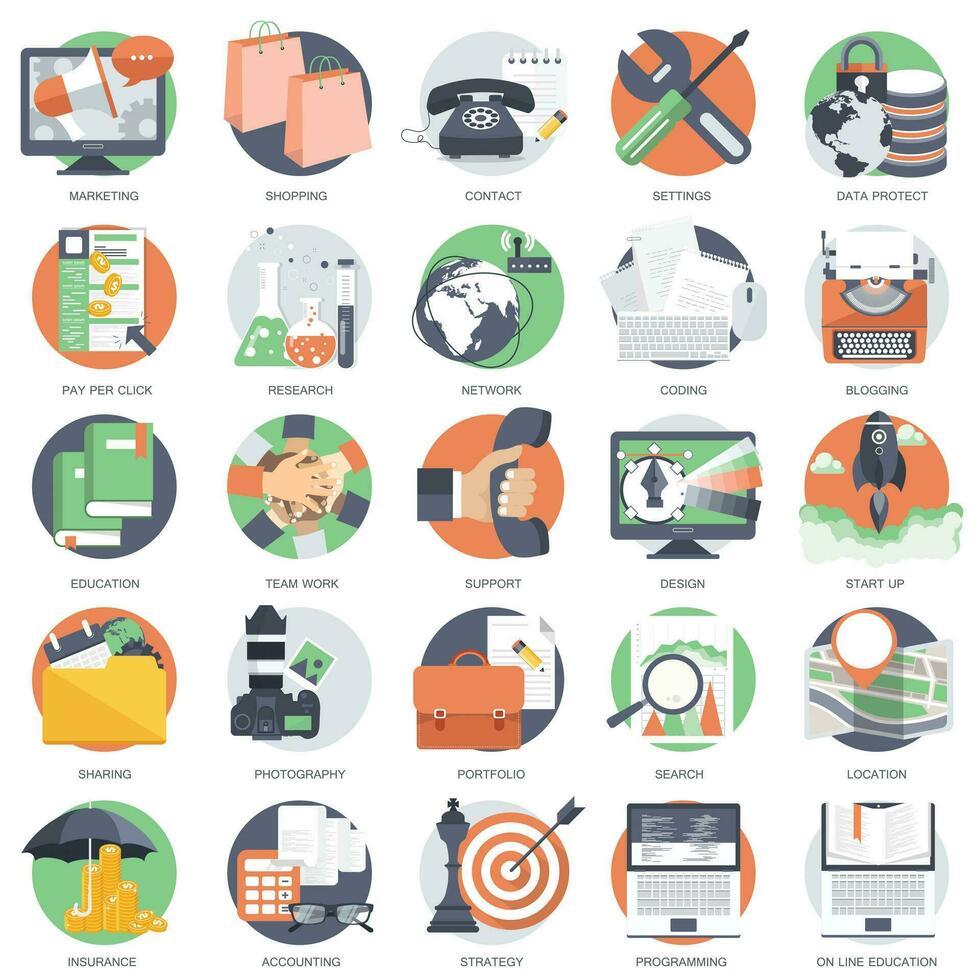 Business, technology and finances icon set for websites and mobile applications and services. Flat vector illustration