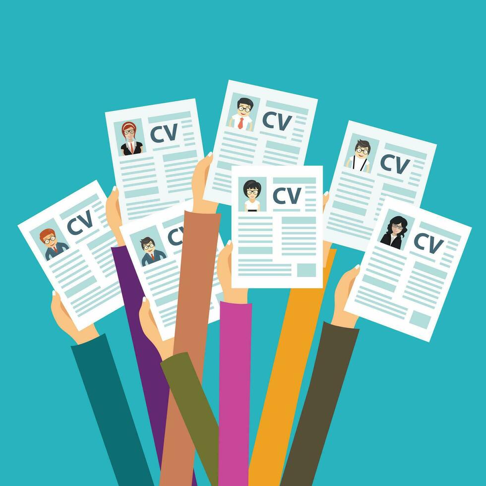 manos participación CV documentos. humano recursos administración concepto, buscando profesional personal, analizando currículum documentos, trabajar. plano vector ilustración.