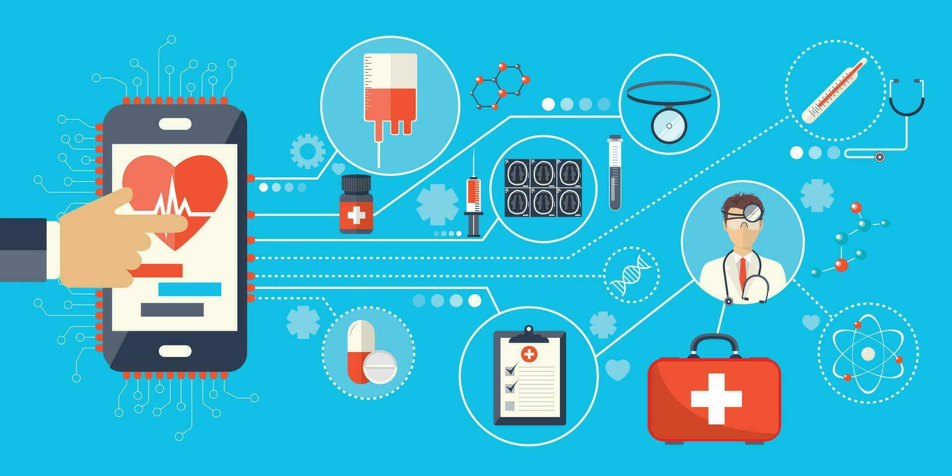 Health care and medicine concept. On line help and health care mobile applications development. On line doctor. Flat vector