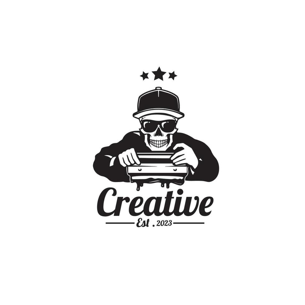 design logo vintage screen printing with skull head vector illustration