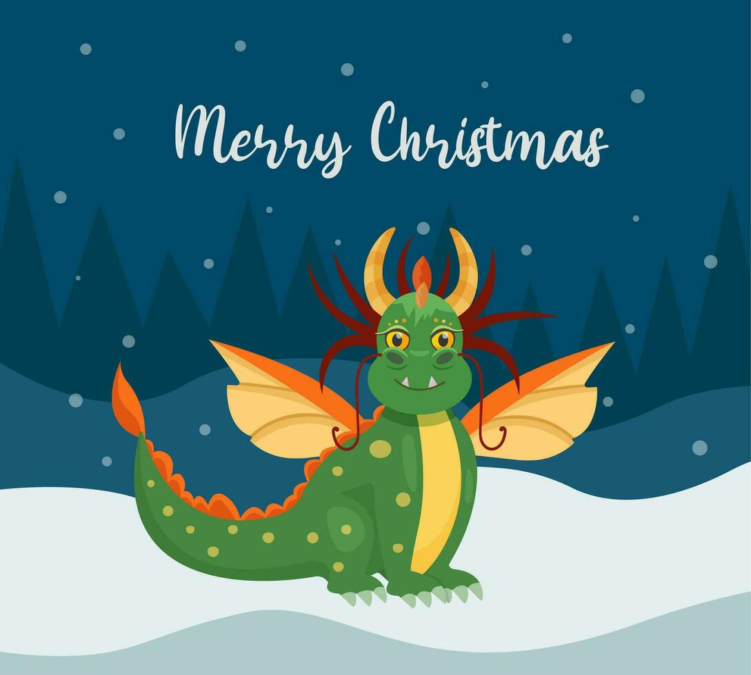Year of the Dragon. Happy New Year 2024 greeting card. Cute green dragon. Happy New Year, dragon. Chinese symbol for 2024. Vector. vector