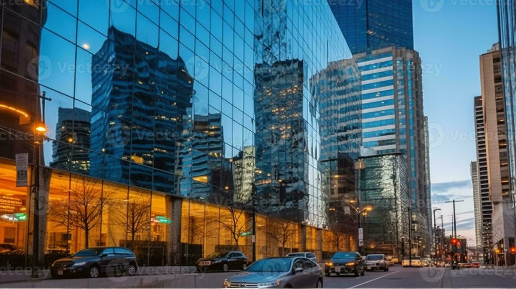 Contemporary high rise multistoried buildings with glass mirrored walls on calm street in downtown with restaurants clubs and commercial offices, Generative AI photo