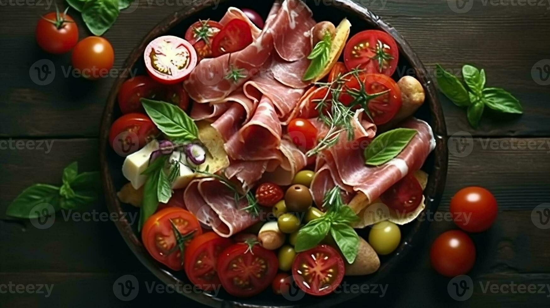 Top-View of Slowly Rotating Fresh Chopped Antipasto on a Rustic Background. Generative AI photo