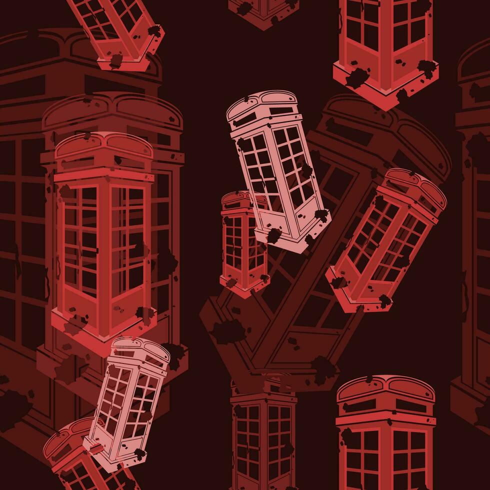 Editable Dark Background Three-Quarter Oblique View Flat Grunge Style Typical Traditional English Telephone Booth Vector Illustration as Seamless Pattern for England Culture Tradition and History