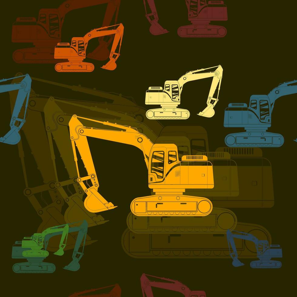 Editable Side View Flat Monochrome Excavators Vector Illustration in Various Colors as Seamless Pattern With Dark Background for Vehicle or Construction Industry Related Design