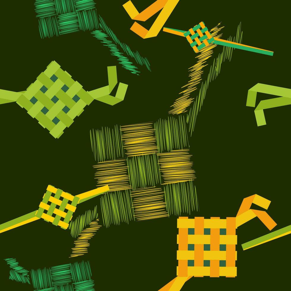 Editable Indonesian or Malaysian Ketupat Packed Rice Vector Illustration Seamless Pattern With Dark Background for Eid Mubarak Concept with Melayu and Javanese Culture