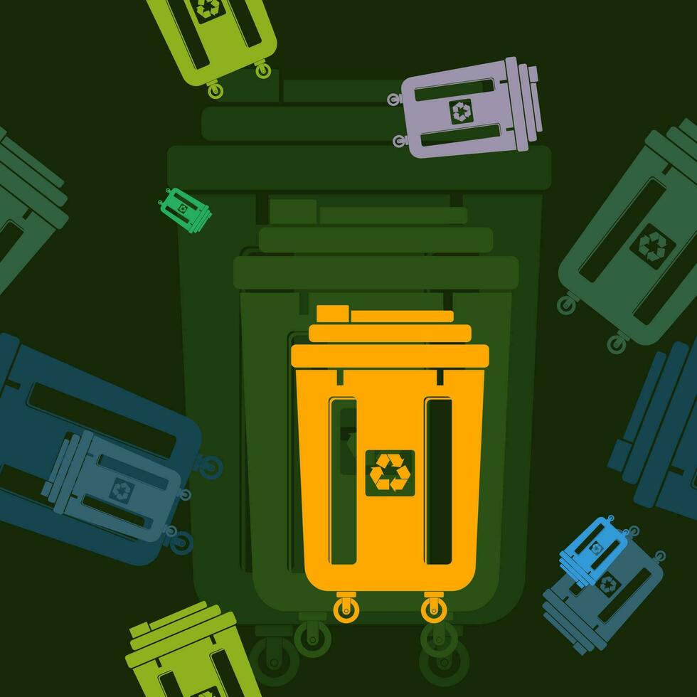 editable plano monocromo basura contenedores vector ilustración en varios colores como sin costura modelo con oscuro antecedentes para limpieza estilo de vida y ambiental relacionado diseño