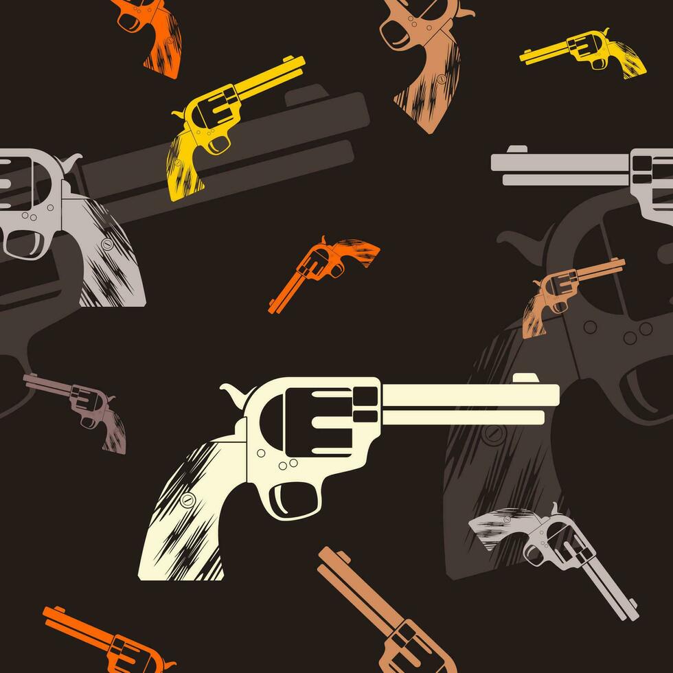 Editable Flat Monochrome Classic Vintage Revolver Gun Vector Illustration Seamless Pattern With Dark Background for Wild Western Culture Design