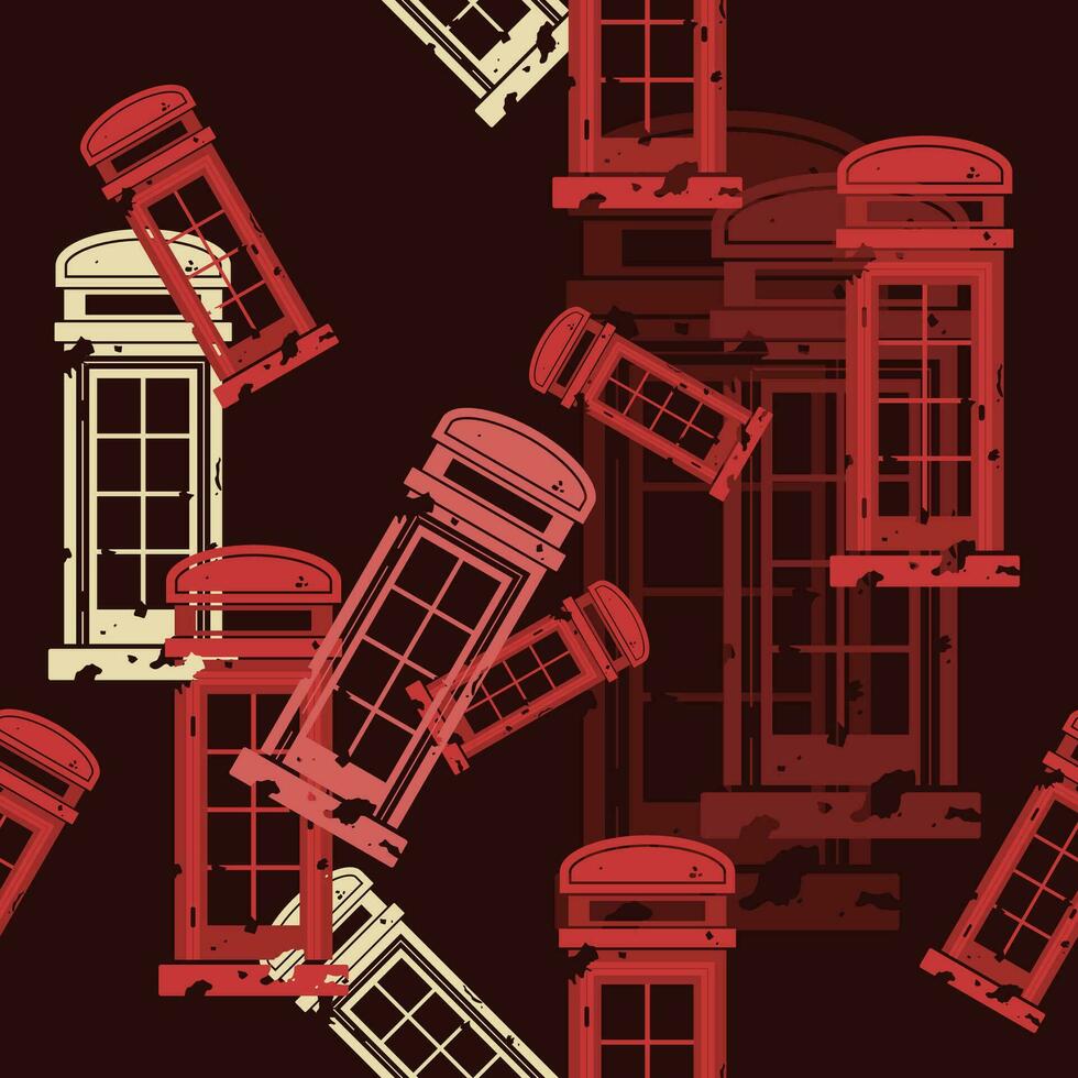 Editable Dark Background Front View Flat Grunge Style Red Typical Traditional English Telephone Booth Vector Illustration as Seamless Pattern for England Culture Tradition and History Related Design